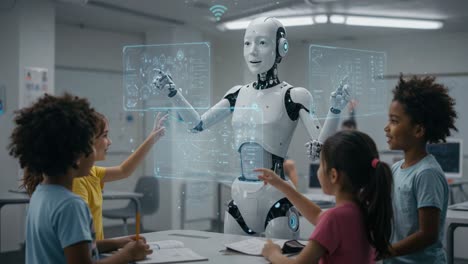 a futuristic classroom scene where children engage with an advanced robot teacher, showcasing interactive learning through holographic technology and collaborative exploration