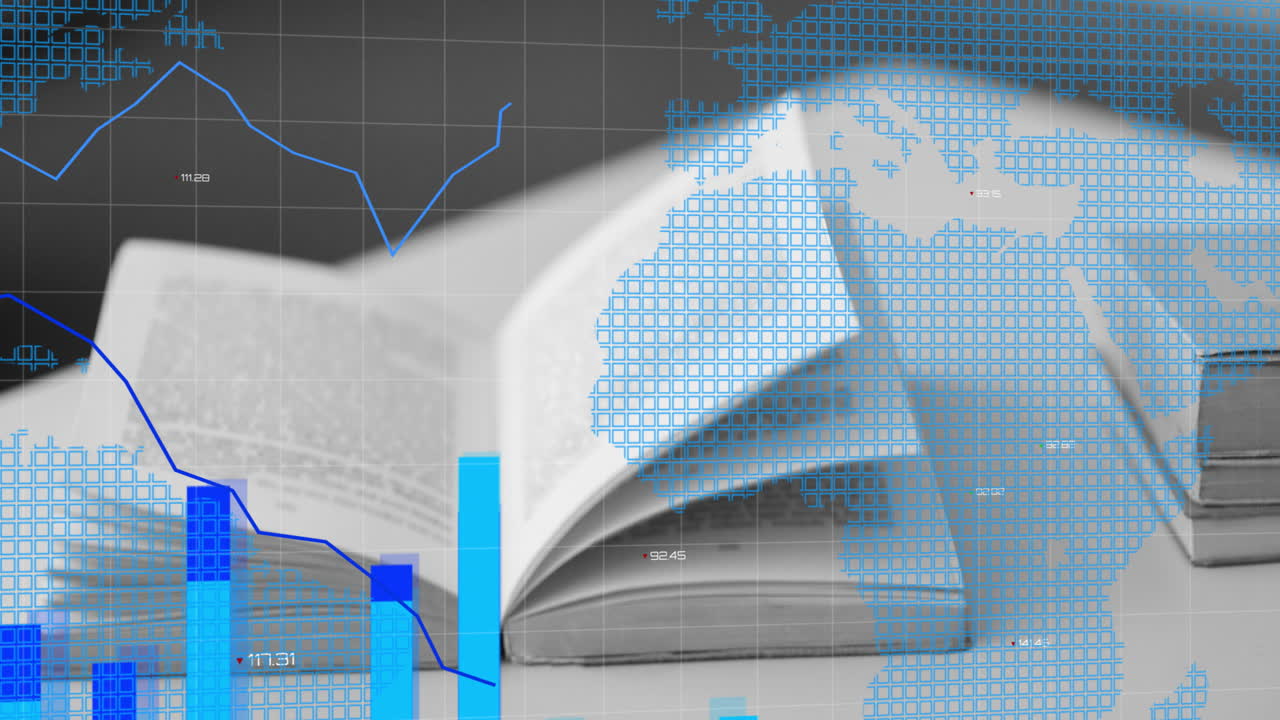 Animation globaler Finanzdaten über offenem Buch und Weltkarte