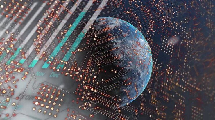 Animation of globe with rows of dots and network of connections