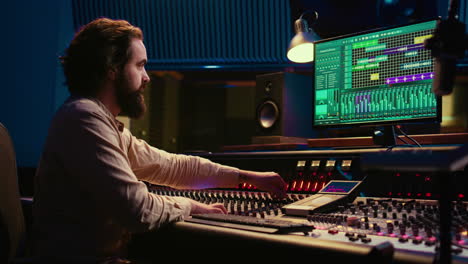 tracking engineer editing music by adding sound effects in control room