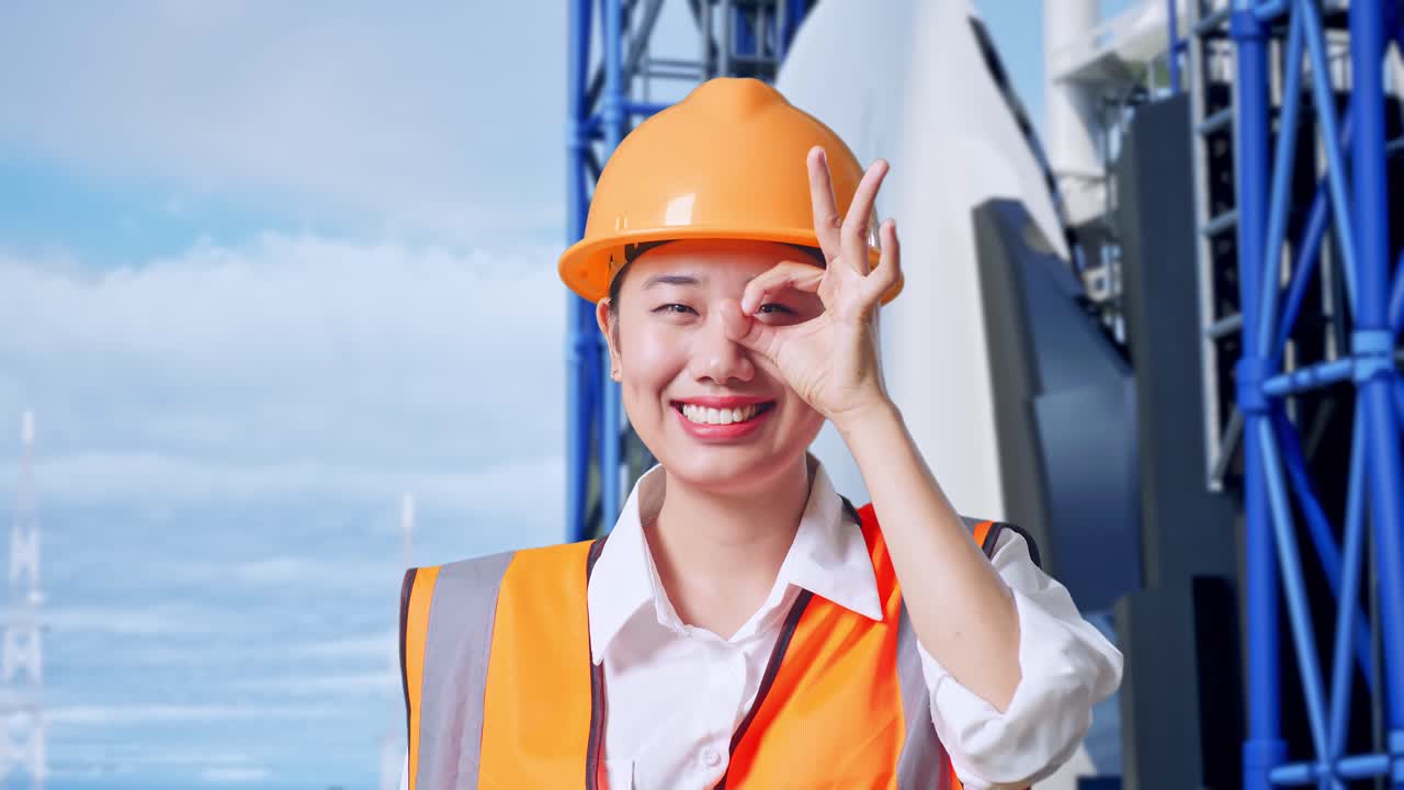 안전 장비를 입은 웃는 여성 엔지니어
