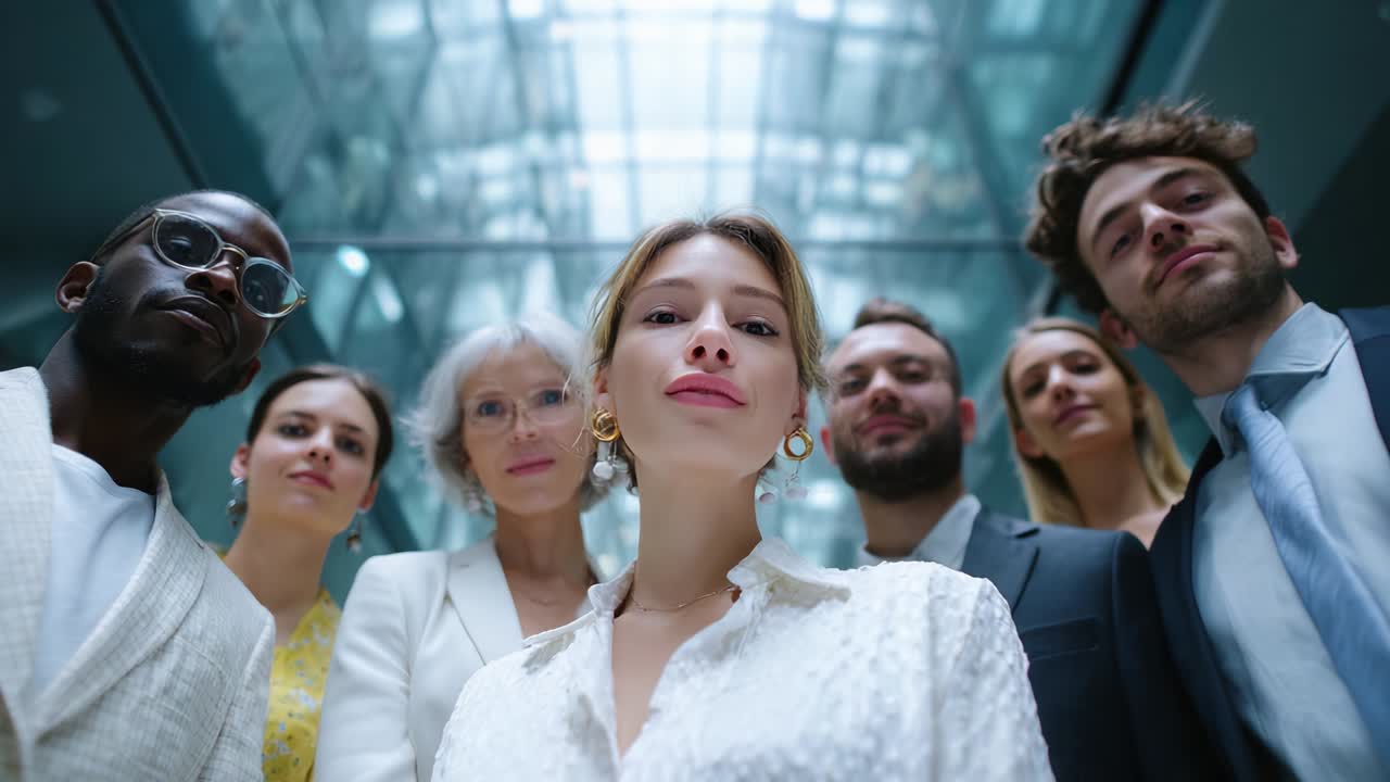 Diverse Business Team Looking Down at Camera