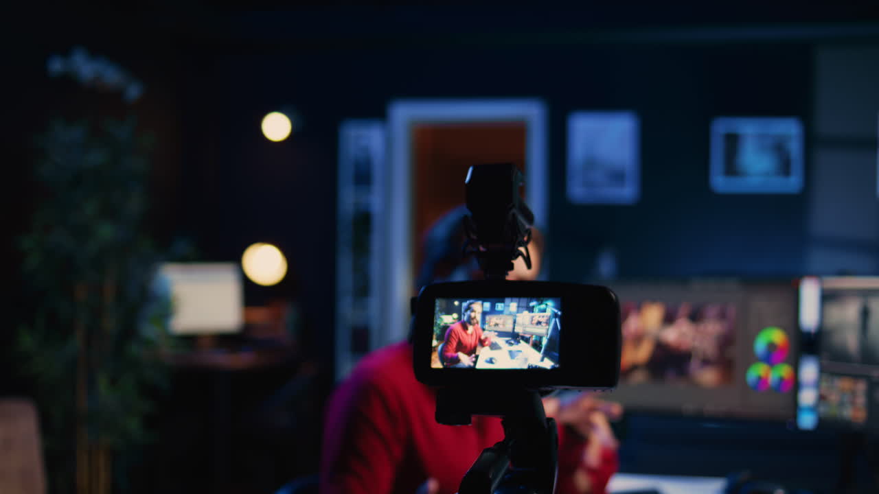 멀티미디어 에이전시 사무실에서 사진 찍는 도구에 초점을 맞추고 사진가가 사용한 흐릿한 배경