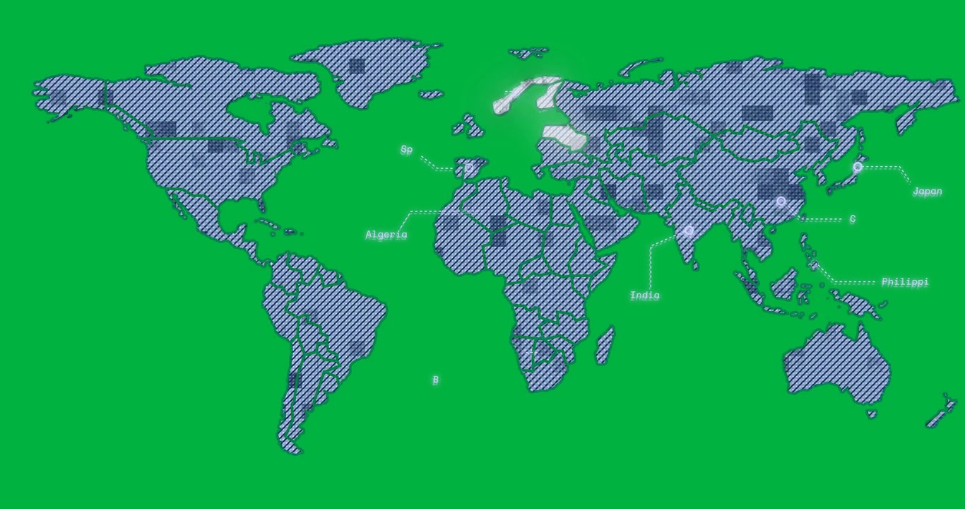Animation of purple world map with moving spots over black background