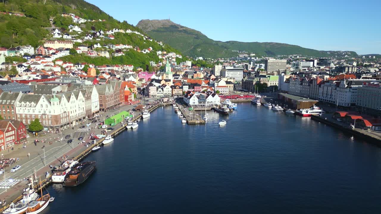 Panoramic aerial view of Bryggen historic wharf in Bergen, Norway, on a lively summer day.