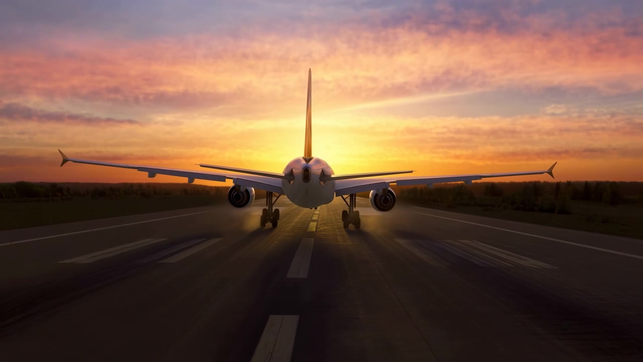 Un jet frontale prosegue lungo una pista segnalata mentre le sue dimensioni apparenti diminuiscono, con il carrello di atterraggio visibile e nuvole incandescenti al tramonto che creano una calda retroilluminazione all'orizzonte