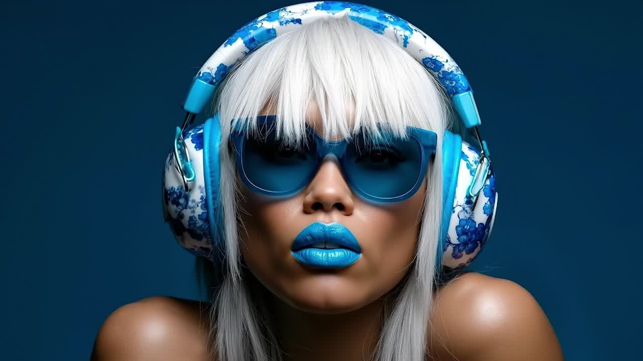 A woman with white hair wearing blue headphones and sunglasses