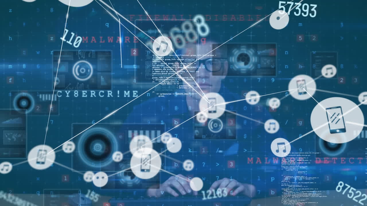 연결 네트워크의 애니메이션과 남성 해커에 대한 사이버 범죄 경고