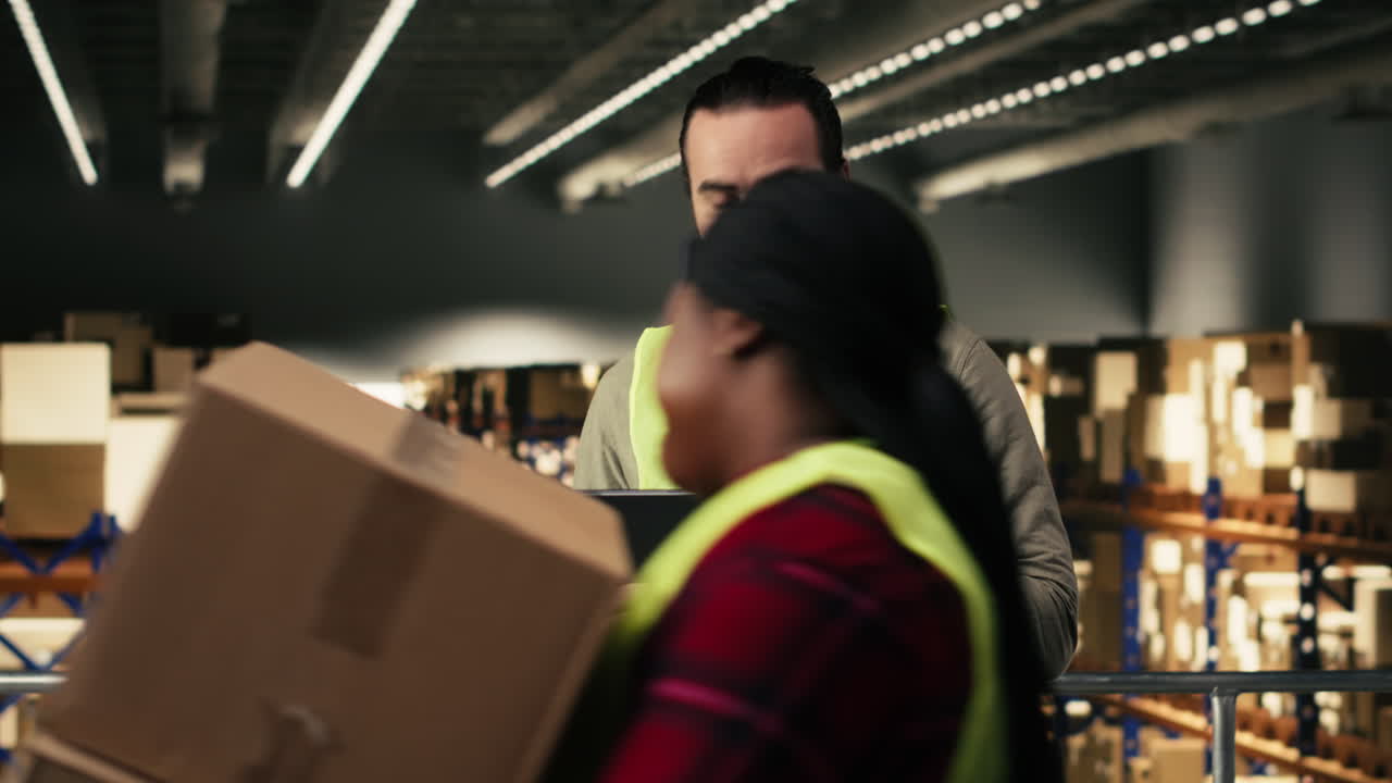 Warehouse Worker Using Digital Tablet for Inventory Management