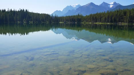 summer clear claim blue lake view with beautiful mountain range and clear blue sky in summer holiday in herbert lake in banff national park,alberta,canada