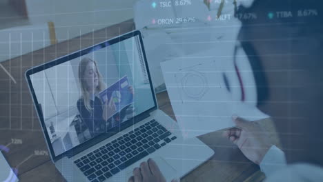 animation of data processing over diverse business people having video call