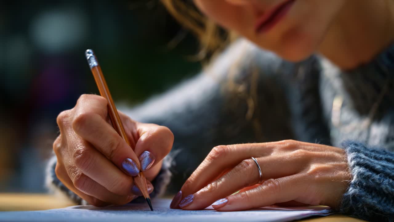 Konzentriertes Schreiben: Eine Nahaufnahme von elegant geformten Händen, die einen Bleistift halten und einen kreativen Moment inmitten von Gedanken und Reflexionen in einer entspannten Umgebung festhalten