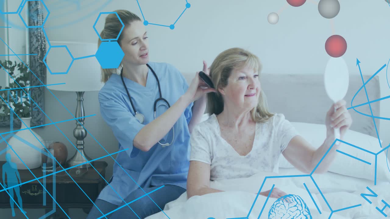 анимация медицинских икон и молекул над пожилой белой женщиной и медсестрой