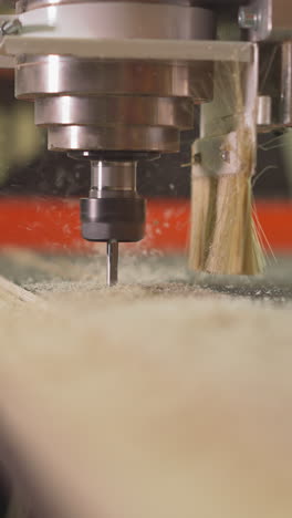 cutting out plywood details with automatic drill knife in carpentry workshop closeup. contemporary tool with brush for sawdust at production plant