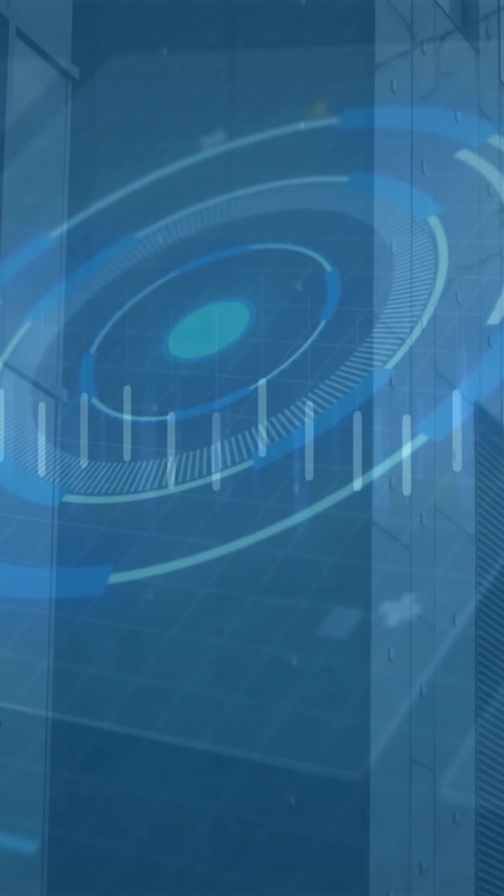 Animation of loading circles, lines and graphs over modern building against sky