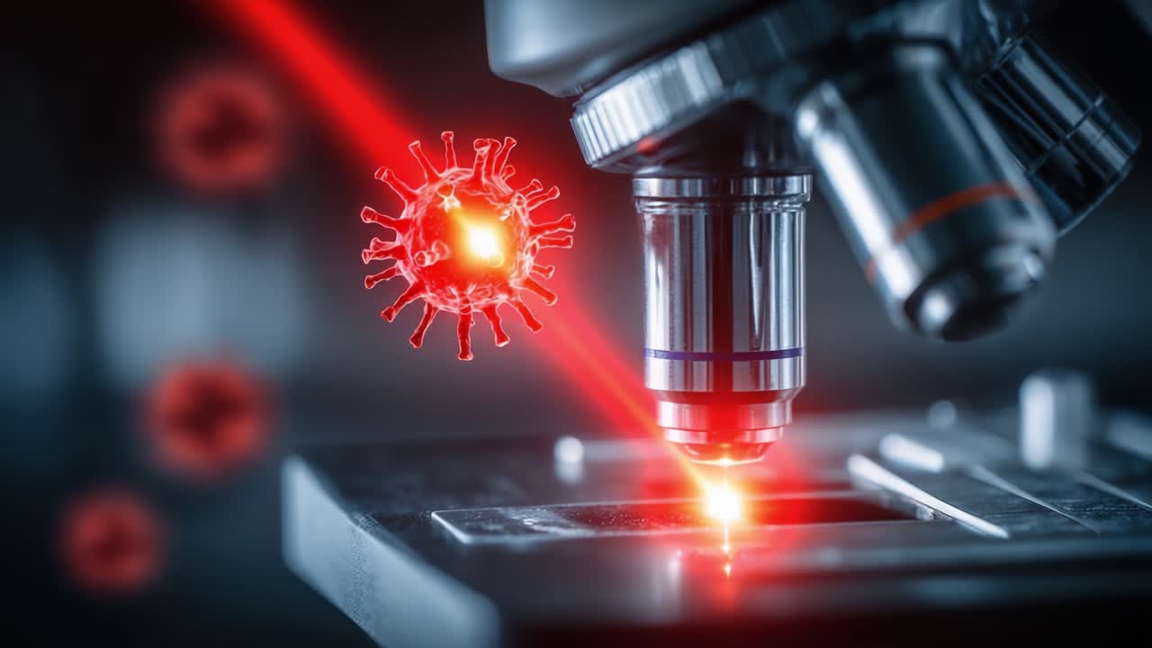 Virale Strukturen erforschen: Eine Nahaufnahme eines Mikroskops, das Viren mit Laserpräzision analysiert und die Feinheiten des mikrobiellen Lebens und der Krankheitsdynamik beleuchtet.