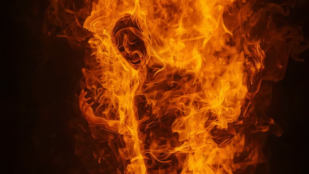Standing figure bare torso raising arms, flames starting behind and wrapping with smoke in studio