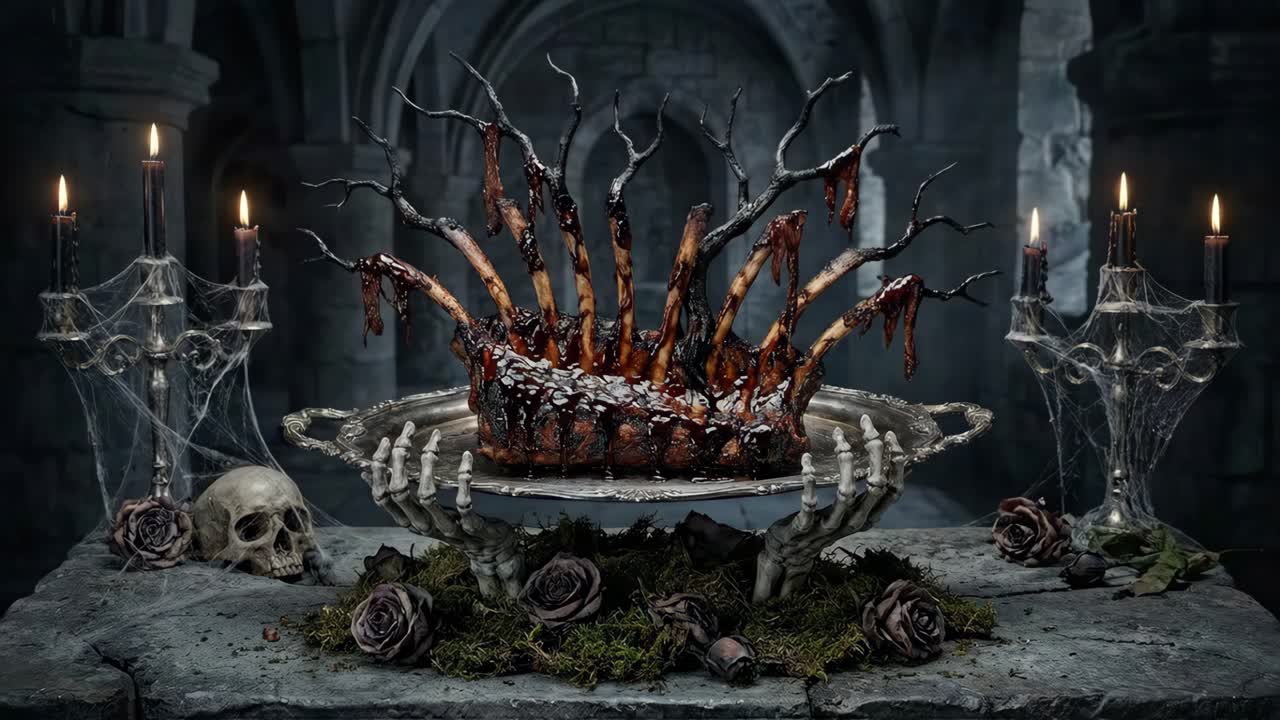 Gotisk kronesteg med uhyggelig halloweenpynt