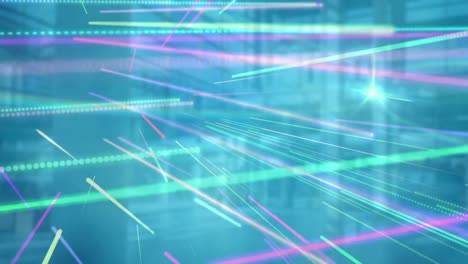 animación del procesamiento de datos con líneas azules y púrpuras sobre fondo verde
