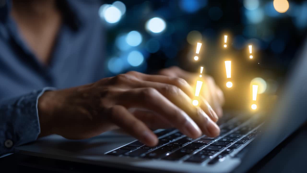 Close-up of Hands Typing on a Laptop with Floating Exclamation Marks in a Blurred Background Representing Urgency or Importance in Digital Communication