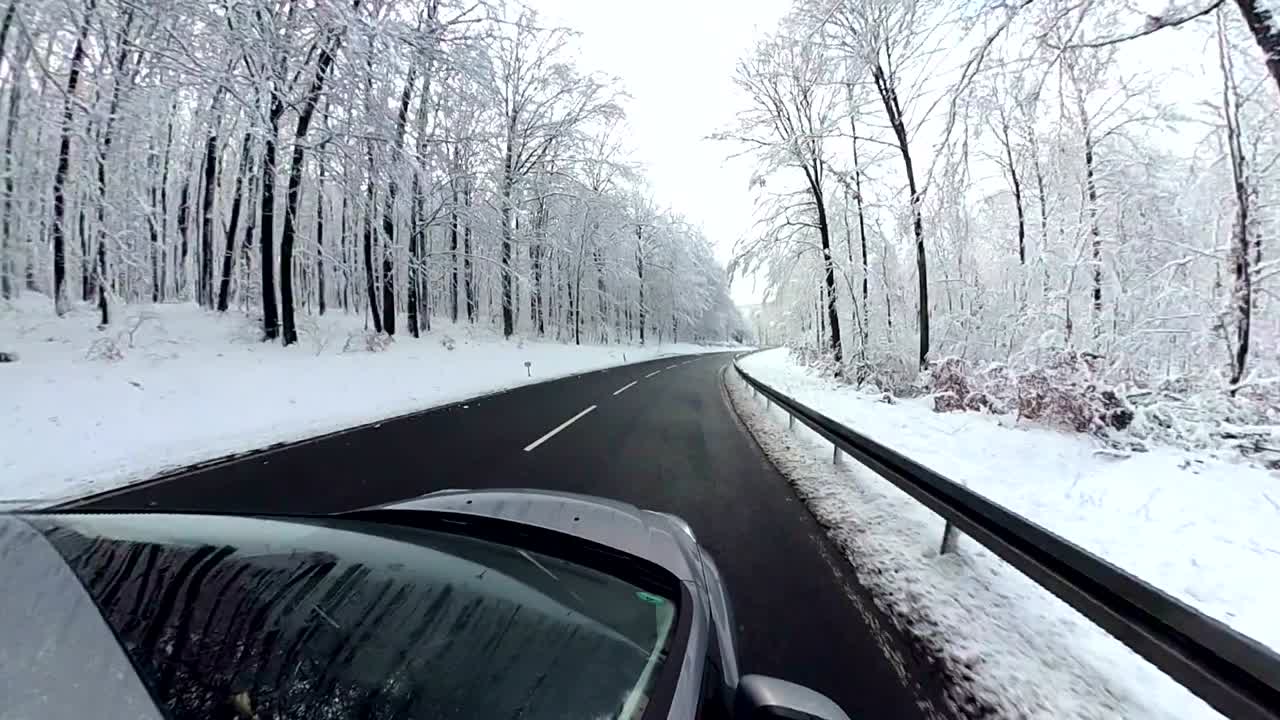 Car is driving through winter forest, 360 degree, VR360, 360VR, 360Video, Little planet effect