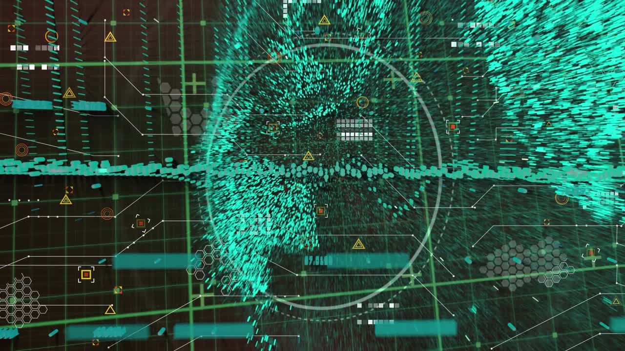 Animation of graphs, icons, globe and data processing on black background