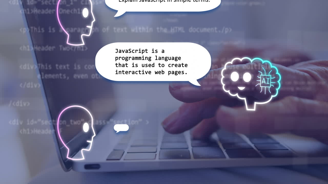 Typing on laptop keyboard, animation of AI explaining JavaScript in simple terms