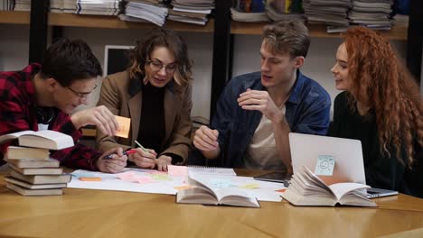 young european students, marketing research team brainstorming working on startup plan using tablet laptop technology. four people working on a plan, discussing in a cheerful atmosphere, smiling, talking, using stickers in their plan