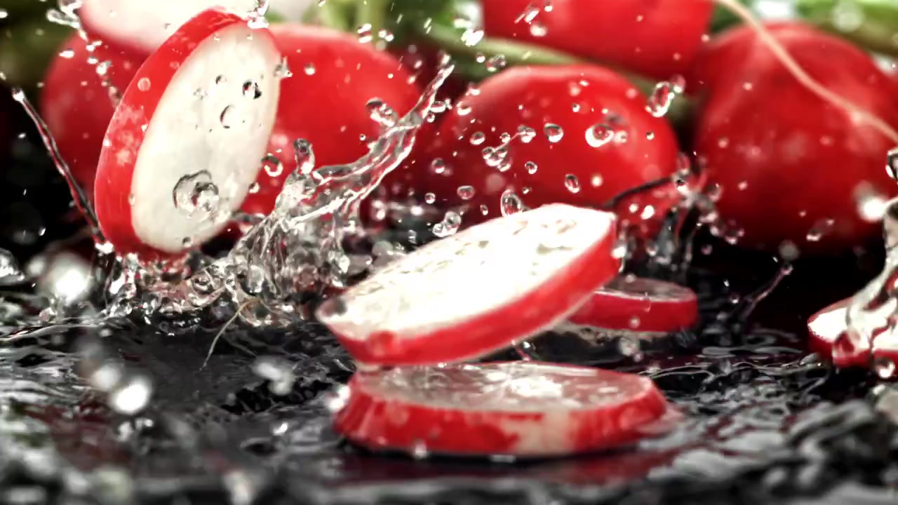 Fresh Radish Slices Splashing into Water in Slow Motion