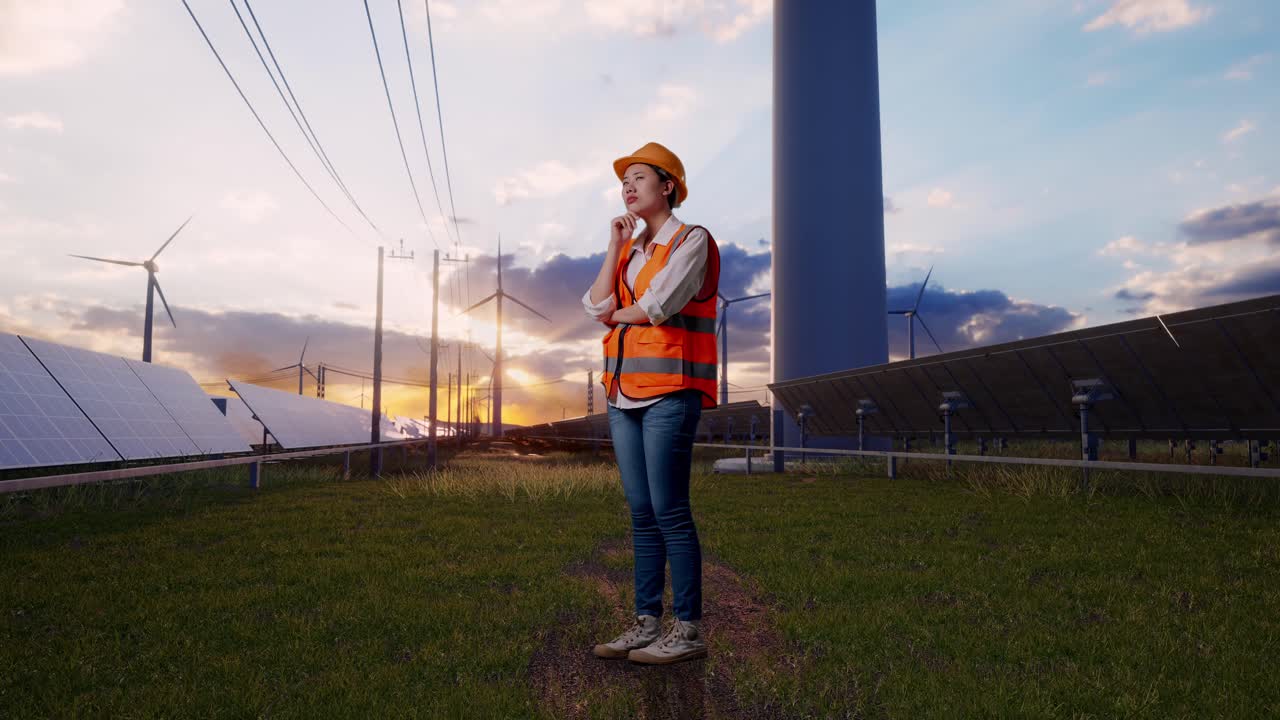 Full Body Side View Of Asian Female Engineer With Safety Helmet Thinking About Something And Looking Around With Solar Panel and Wind Turbines