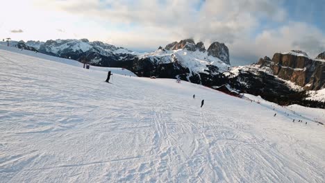 fpv pov of alpine skiing in dolomites, italy