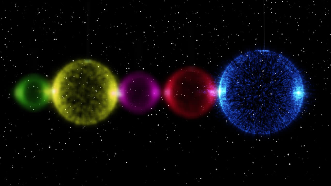 Animation of snow falling over christmas baubles on black background