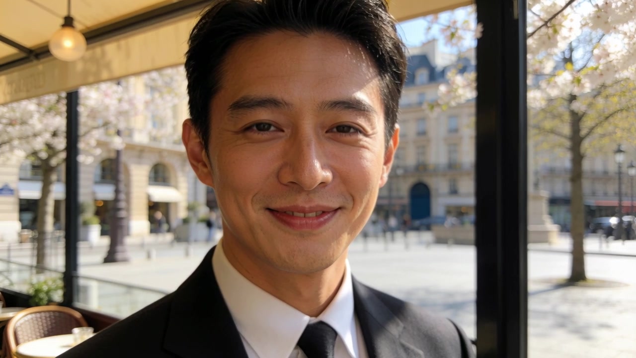 Uomo asiatico in piedi in abito che offre un sorriso amichevole sulla terrazza di un caffè, con la telecamera in primo piano, piazza.
