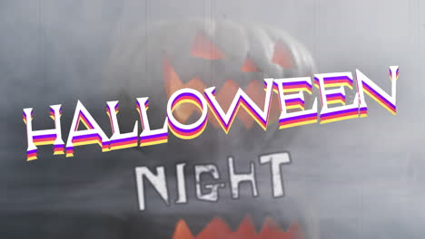 animation of halloween text over carved pumpkin on grey background