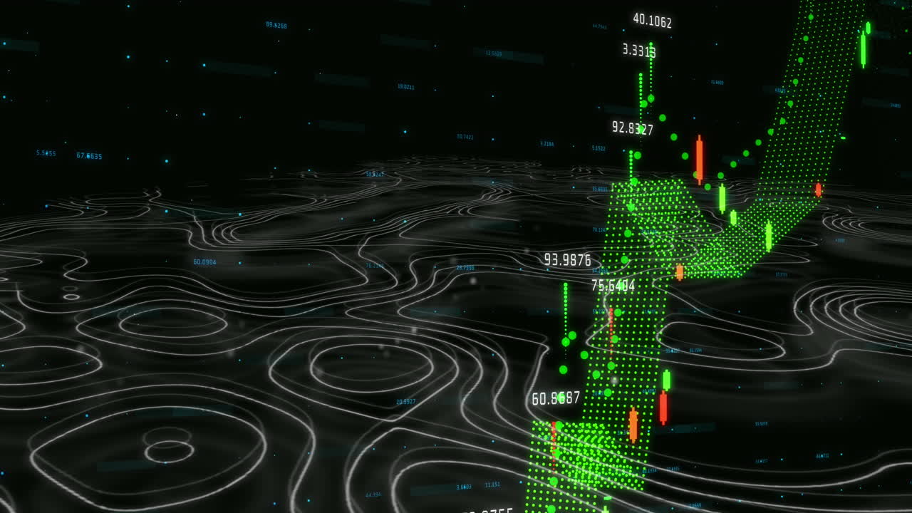 검은색 배경에 있는 금융 데이터 위의 이소히프스의 애니메이션