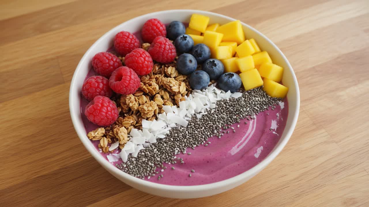 Delicious and Colorful Smoothie Bowl with Fresh Fruits, Granola, and Chia Seeds for a Nutritious Breakfast Experience