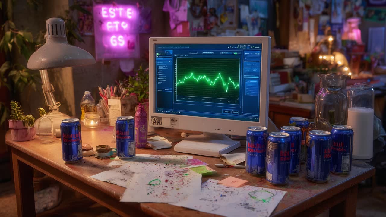 A Creative Workspace Filled with Energy: A Computer Monitoring Graph Surrounded by Cans and Colorful Stationery in a Cozy Atmosphere