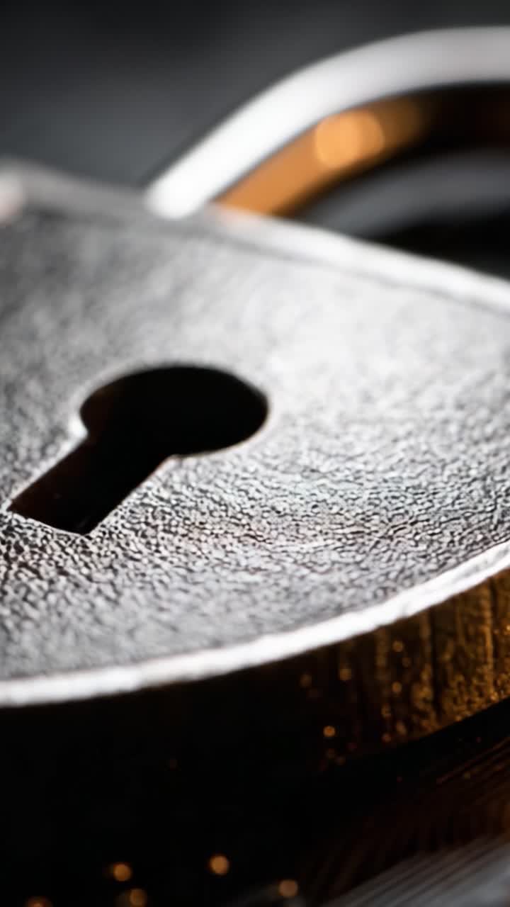 Primo piano di un lucchetto metallico che rivela texture e motivi complessi che enfatizzano la sicurezza e la protezione nella vita di tutti i giorni
