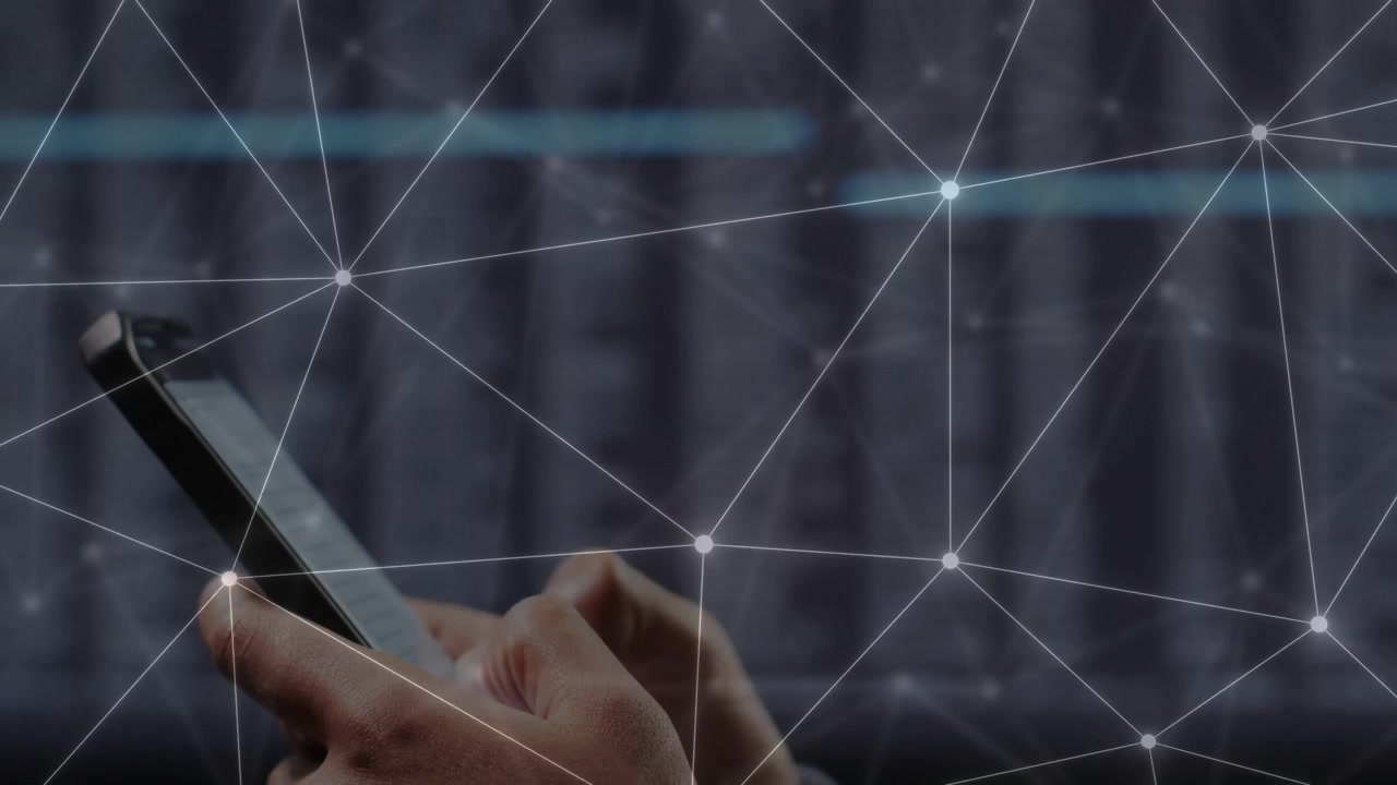 Male hands holding phone; right thumb tapping swiping, network overlay tracking taps for tech teams