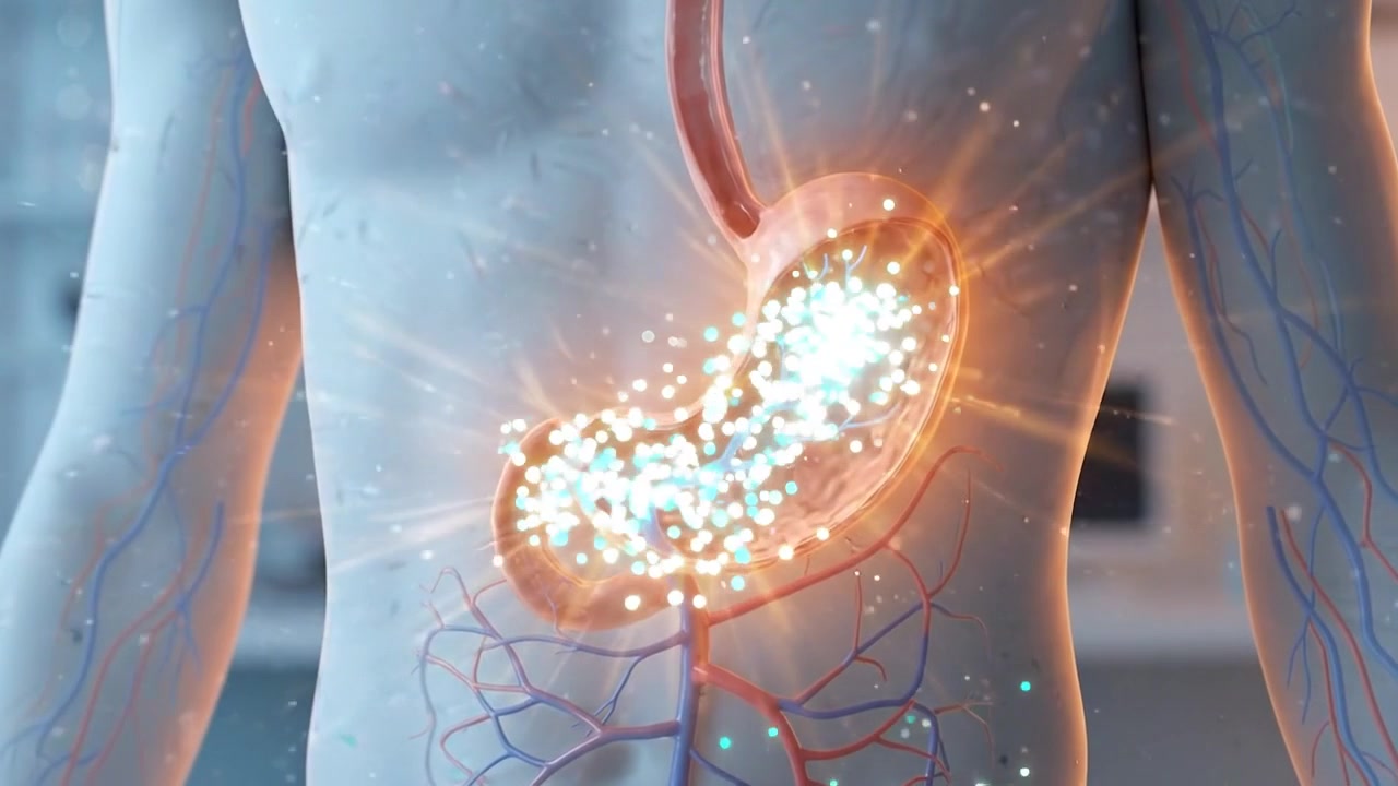 Human torso with glowing stomach and esophagus highlighted in clinical visualization