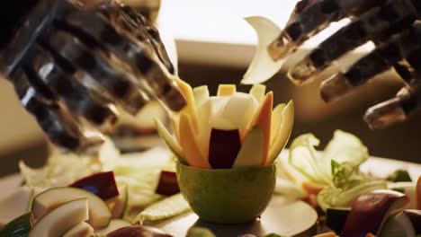 a robotic hand artfully arranges a stunning fruit display, showcasing creativity in culinary aesthetics with a focus on vibrant colors and intricate designs