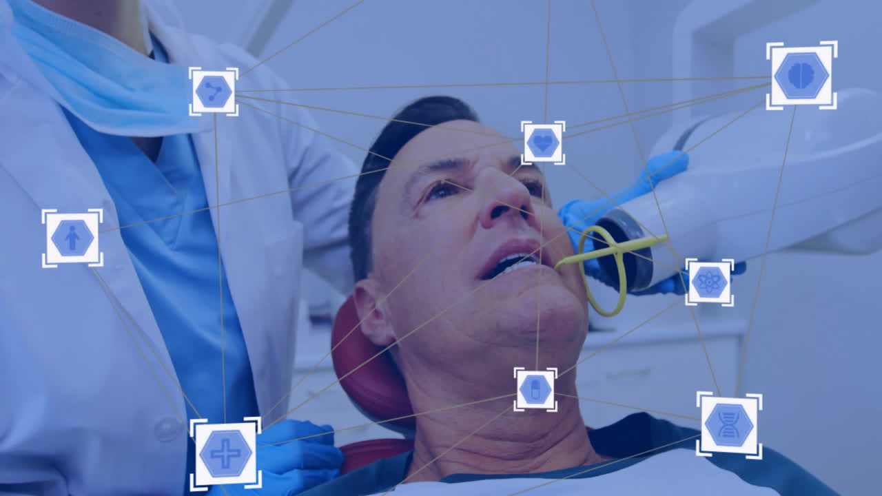 치과의사가 환자를 검사하는 의료 데이터 처리 애니메이션