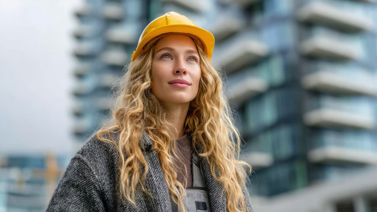 A confident young woman in a construction hat gazes upward, showcasing determination and resilience against a modern urban backdrop, embodying empowerment in her field