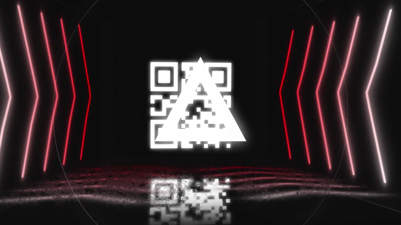 animación de un código qr brillante sobre formas geométricas de neón