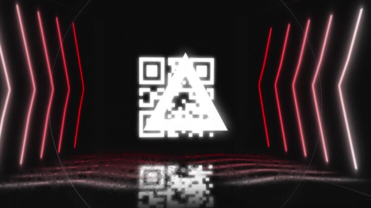 Animation of glowing qr code over neon geometric shapes