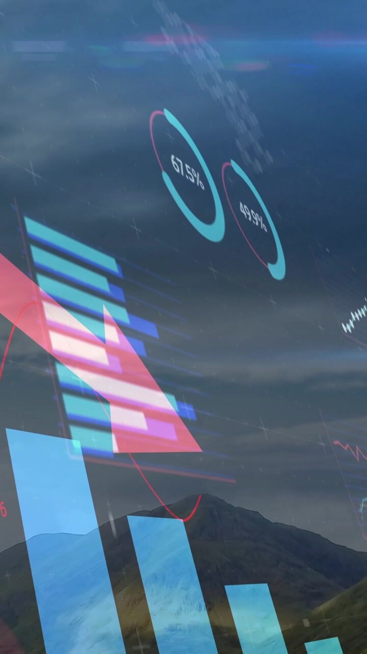 Vertical video: On start hologram finance set moving right, bars and rings changing to show decline