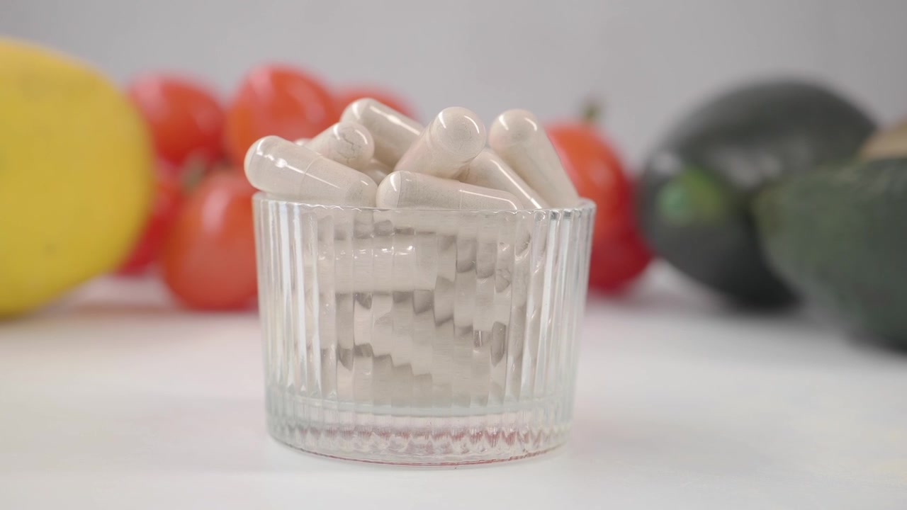 Capsule bianche di integratore alimentare in bicchiere di vetro con verdure sfocate
