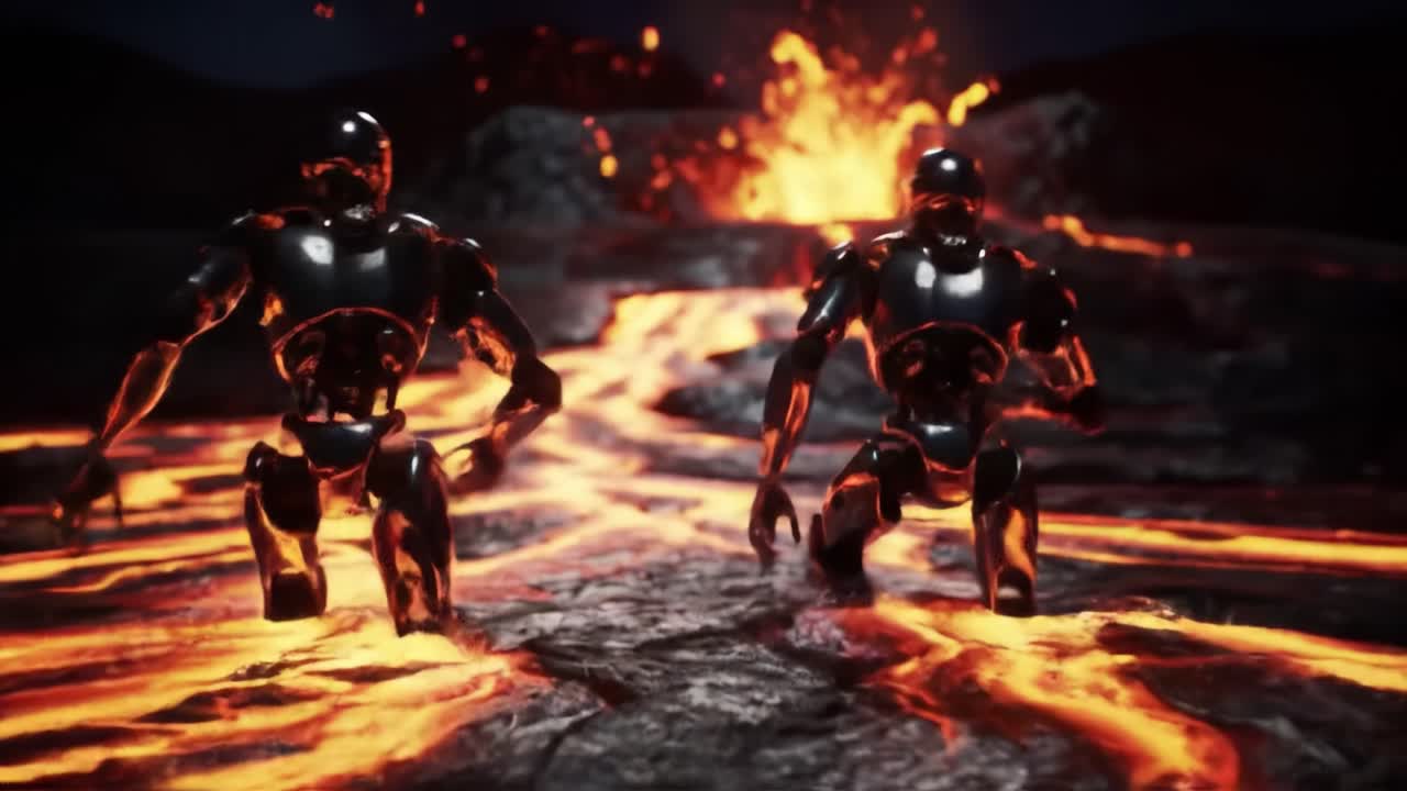 Dynamic Scene of Futuristic Metallic Figures Navigating Through Fiery Lava Flow, Emphasizing Their Robotic Design Amidst Erupting Volcanic Landscape