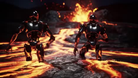 dynamic scene of futuristic metallic figures navigating through fiery lava flow, emphasizing their robotic design amidst erupting volcanic landscape