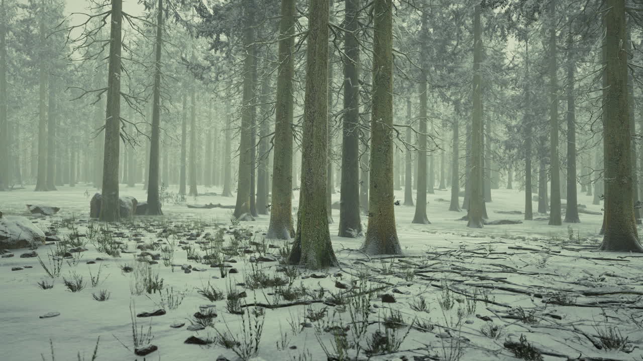 Snow covered forest landscape with tall trees and soft winter light